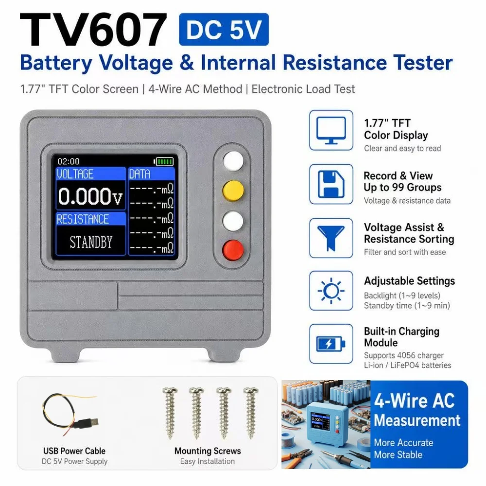 TV607 DC 5V 1.77-inch TFT Color Screen Digital Voltage and Resistance Tester, AC 4-Wire Method Electronic Load Tester