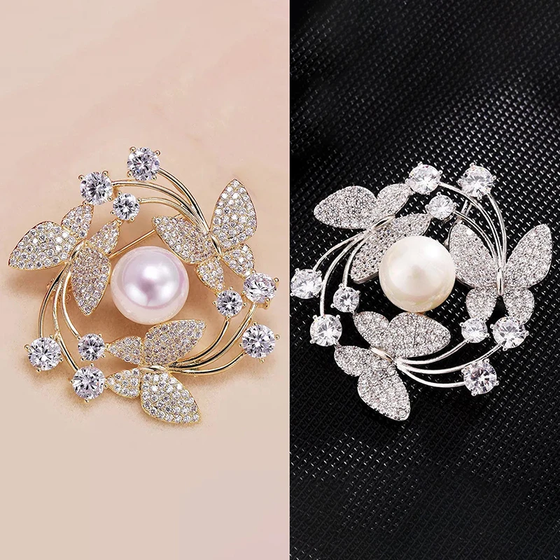 Elegant Wreath Flying Butterfly Brooches For Women Rhinestone Pearl Pins Female Coat Corsage Trendy Brooch Party Wedding Gift