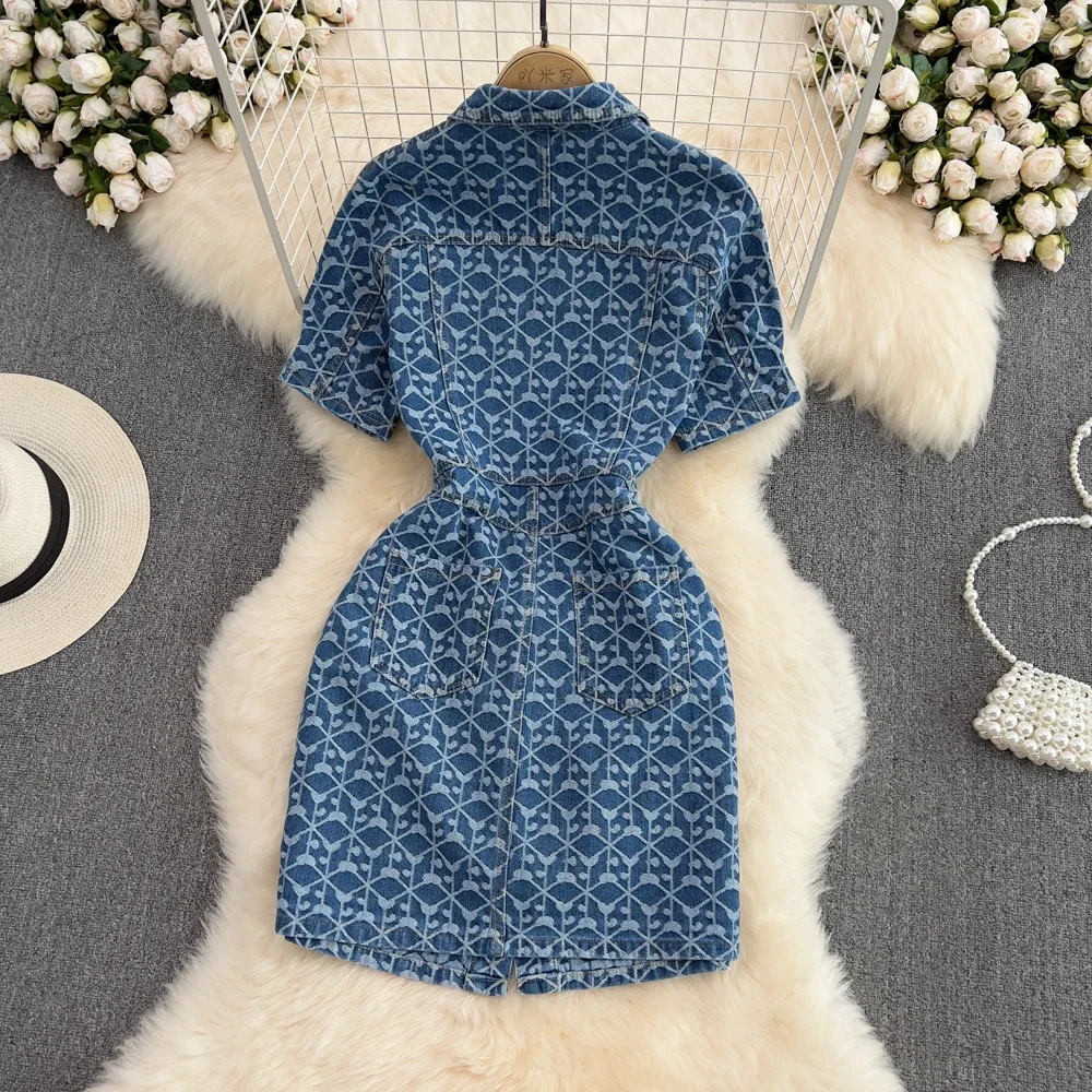 2022 Summer New Korean Fashion Vintage Polo Collar Slim Fit Short-sleeved Single-breasted Printed A-line Denim Dress Women