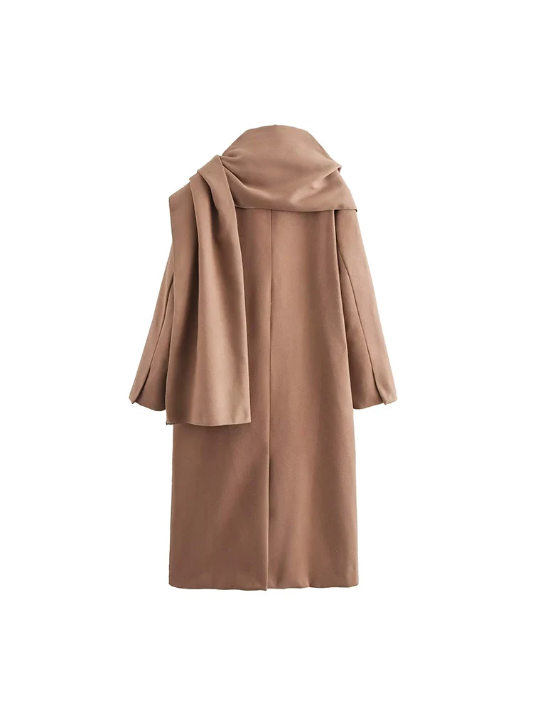 أزياء نسائية جديدة على الطراز الأوروبي، متعددة الاستخدامات، أنيقة بلون سادة معطف صوف مزدوج الصدر مع ياقة وشاح، طويلة جدًا. #2