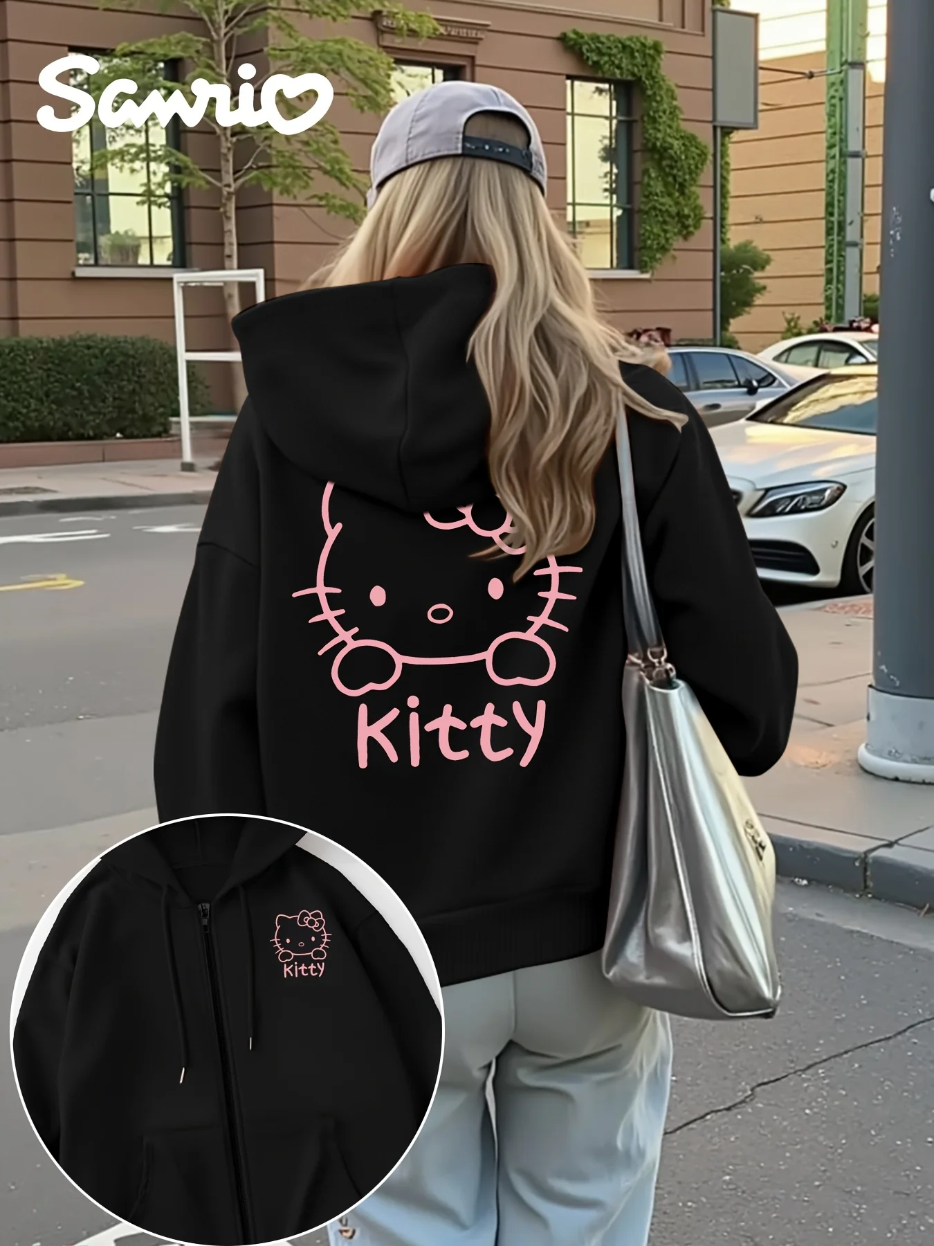 Sanrio Hello Kitty Kuromi related Musterdruck weicher Reißverschluss mit Kapuze lässiges lockeres Sweatshirt Goth Streetwear Damen Hoodies