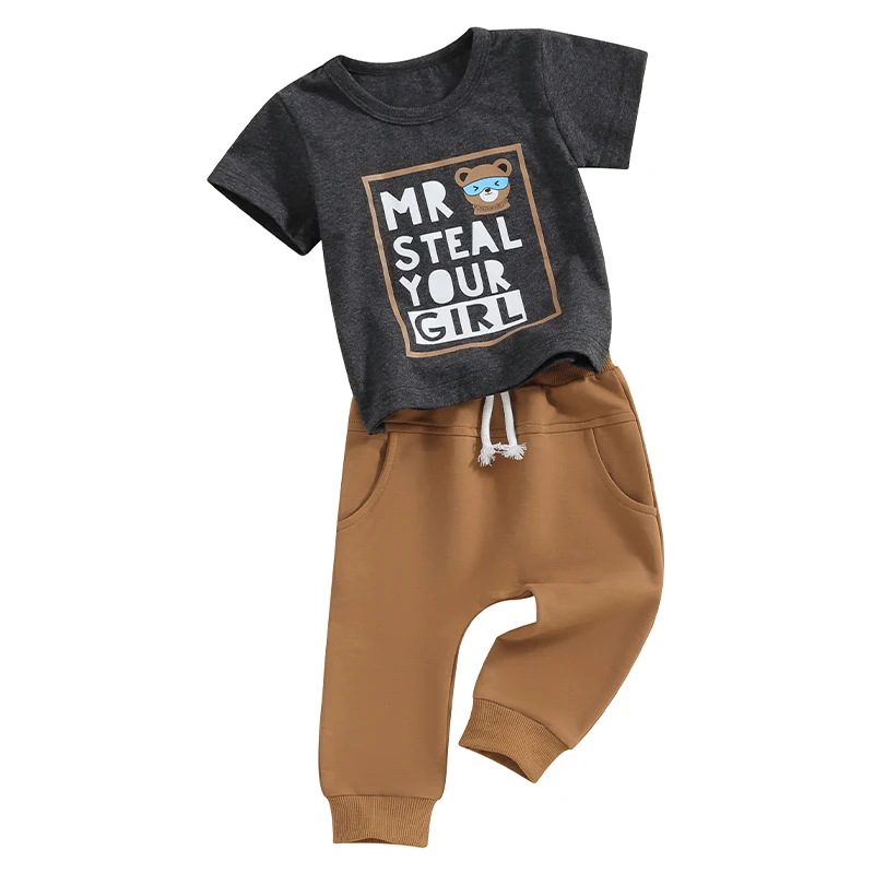 

Toddler Baby Boy Funny Spring Outfit Infant Mr Steal Your Girl Short Sleeve Shirt Jogger Pants 2 Pcs Clothes Set