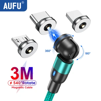 AUFU 540 회전 마그네틱 케이블, 마이크로 USB C 타입 케이블, 휴대폰 와이어 USB 코드, 아이폰, 삼성, 샤오미, 3M 자석 충전기 