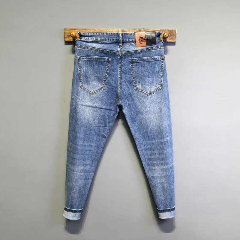 2025 Summer Thin Men's Jeans Light Luxury High end Embroidered Printed Slim fit Small Foot Casual Nine Leg Pants