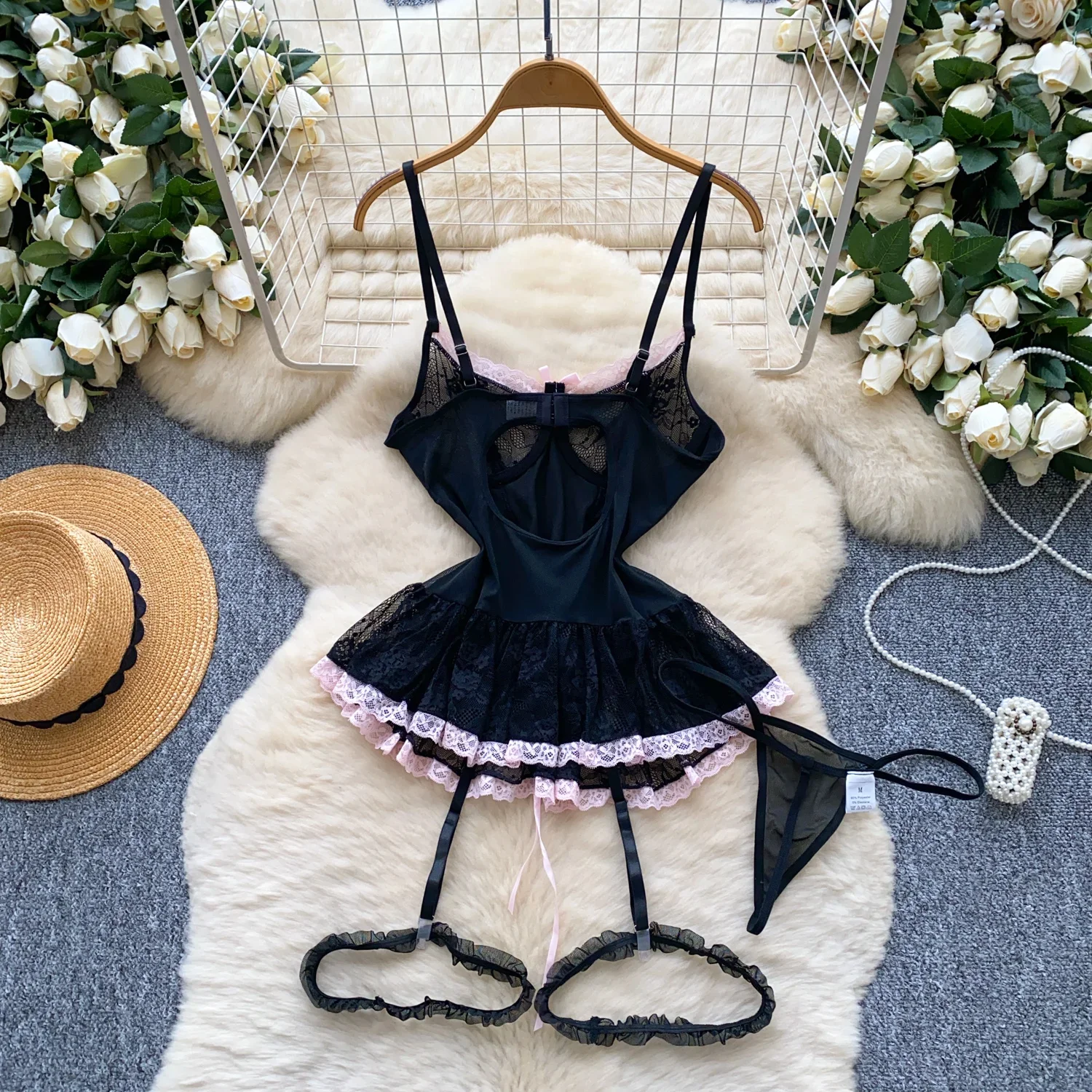 Hotsweet Lace Lingerie Sexy Nightwear Women Strap Lace Up Backless Shapewear Bodysuits Erotic Porn Pajamas 2pcs Suits