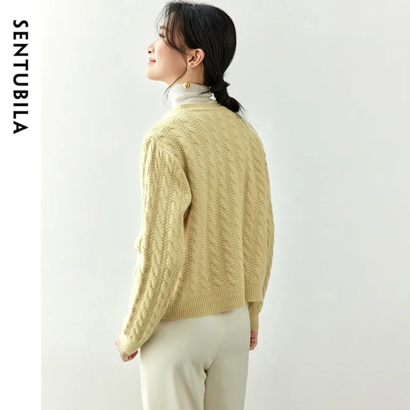 SENTUBILA Straight Jacquard Knitted Cardigan Women 2024 Fall Winter Crew Neck Single Breasted Comfort Short Sweater W44E56743