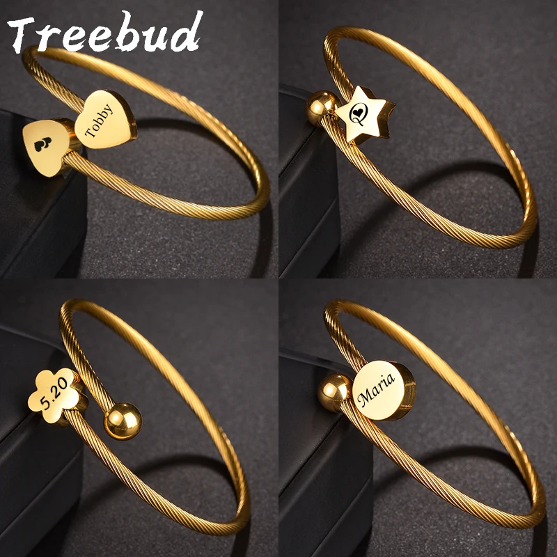 

Treebud Fashion Open Cuff Bangle For Women Stainless Steel Engrave Name Date Logol Heart Star Round Bracelet Jewelry Gifts