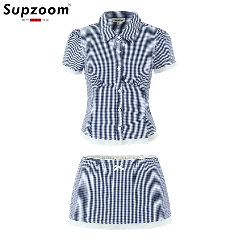 

Supzoom New Arrival European And American Style Women's Clothing Small Flower Edge Elastic Waist Anti Glare Plaid Set Half Skirt