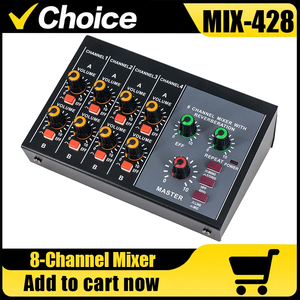 MIX428, Mini 8-Kanal-Soundmixer, digitaler Mixer, Stereo, Reverb-Funktion, geeignet für Aufnahmestudio, DJ, Karaoke, Bühne
