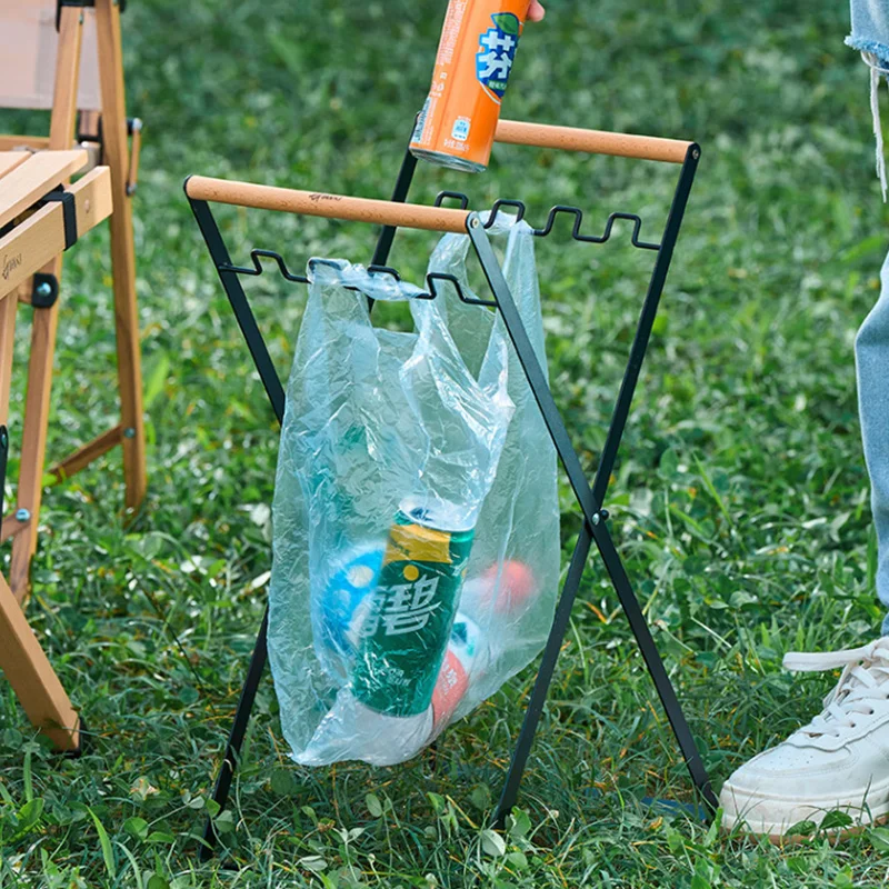 Iron Garbage Rack Portable Folding Trash Rack With Metal Support Wooden Handle Outdoor Picnic Barbecue Garbage Bag Rack