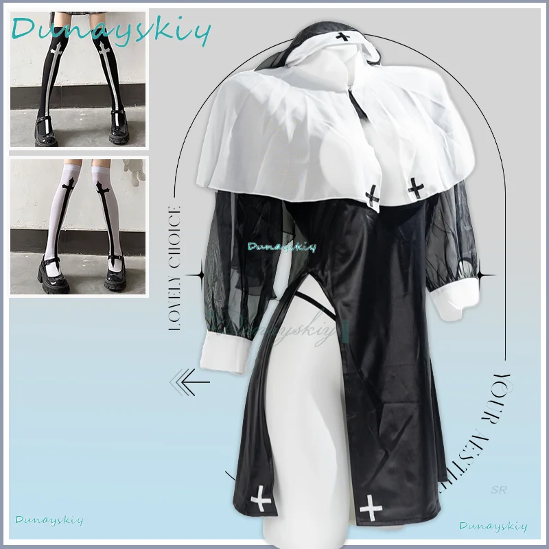 [Uhauha] disfraces sexis de monja para mujer, disfraces de Halloween con apertura de pecho, lencería transparente, ropa interior hueca, medias