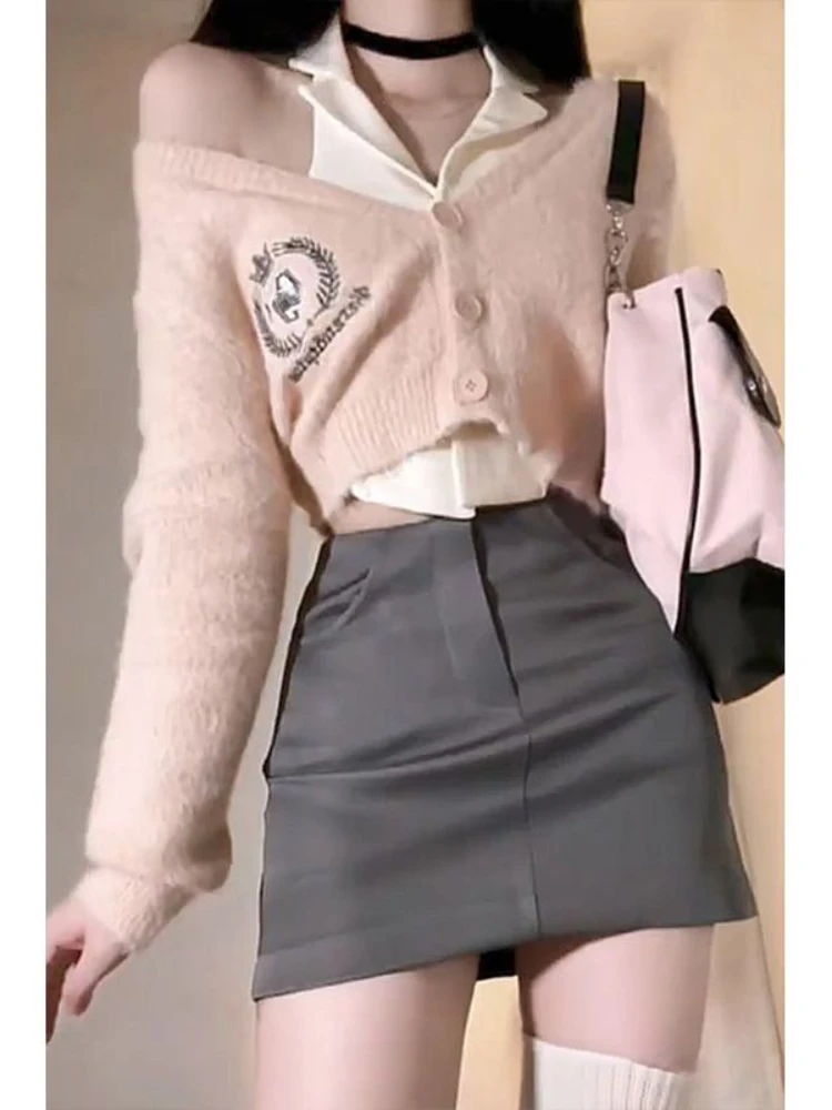 Kawaii Clothing 3 Piece Skirts Set Women Y2k Crop Tops Cardigan Sweater + Mini Skirts Casual Knitted Suits Korean Fashion Chic