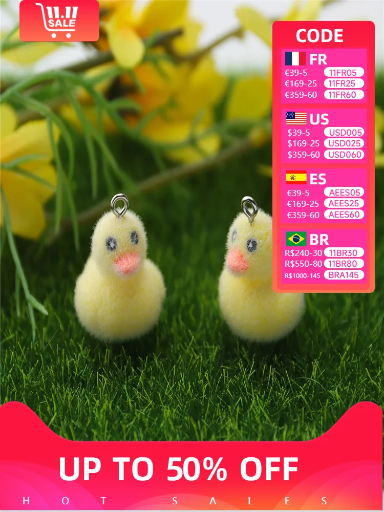 

30pcs 3D Flocking Animal cartoon mini Ducklings charms cute Resin Doll Pendant for make Necklace Keychains DIY Jewelry fittings