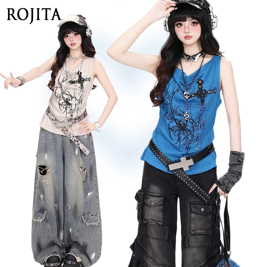 Y2K Gothic Spider Cross Print Tank Top Women Rivet Decor Draped Collar Sleeveless Vest Punk Streetwear Slim Camis