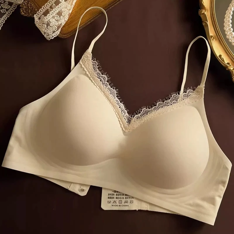 Female Wireless Push Up Seamless Bra Vintage Lace Neckline Push Up Bra Lift and Pull Up Elegant Enhances Small Bust Comfort Bra