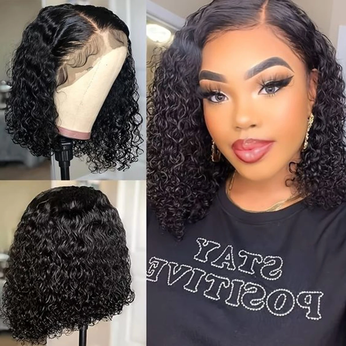 Deep Wave ความหนาแน่น 180% Pre-Plucked ด้านข้างสั้น Bob 13*4 ลูกไม้ด้านหน้าบราซิล Virgin Hair Wigs สําหรับผู้หญิงสีดํา