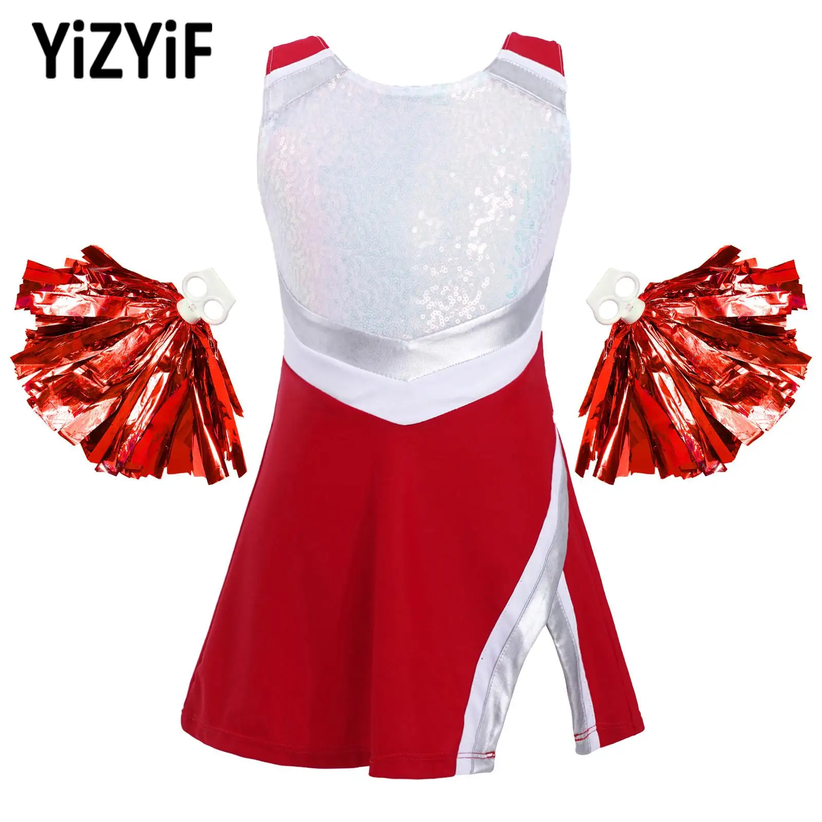 

Kids Girls Cheerleading Dance Outfit Sleeveless Round Neck Shiny Sequins Adorned Dress with Shorts And Flower Balls Set