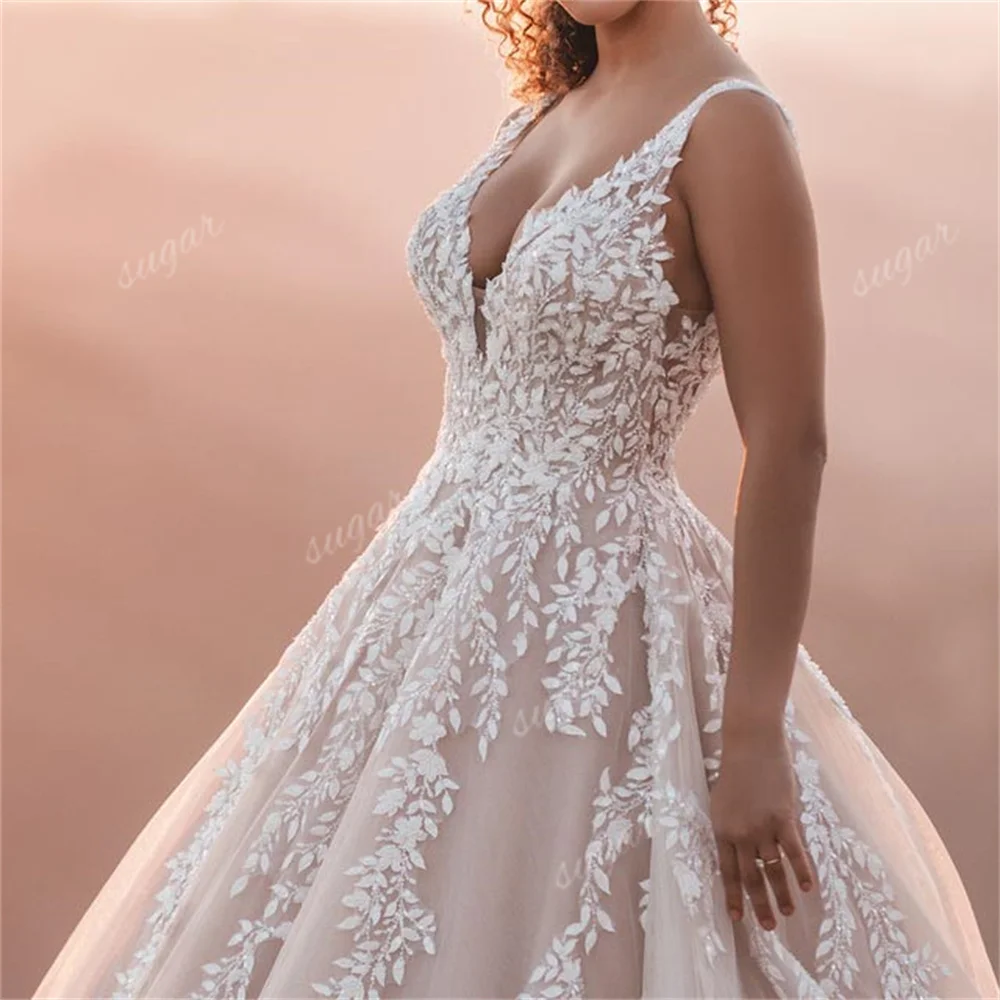 A Line Tulle Wedding Dress for Women Lace Applique Bridal Gown Sexy V Neck Sleeveless Formal Party Dresses robe de mariée