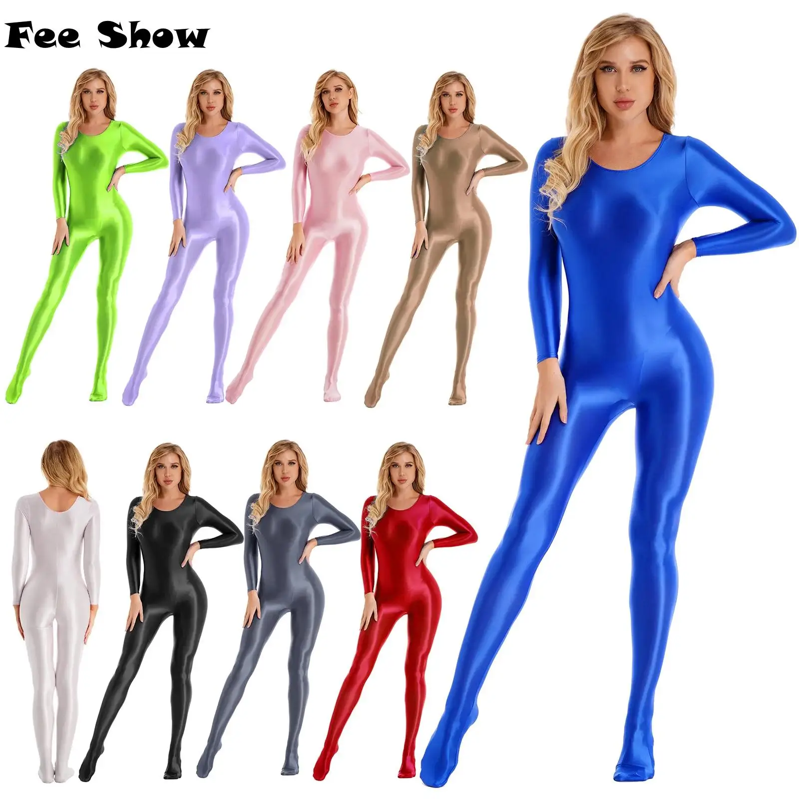 FEESHOW Womens Smooth Long Sleeve Bodystocking Nightwear Solid Color Round Neck Bodysuit Workout Sportswear