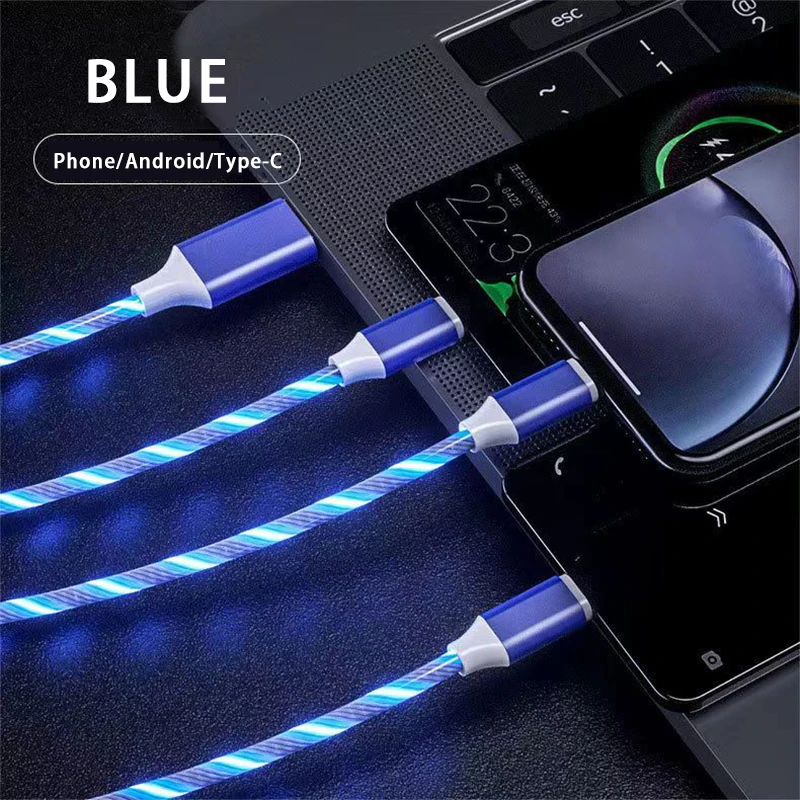 Glowing LED Light 3 in 1 Fast Charging Cable 1.2M 2M Micro USB Type C For Xiaomi Redmi Samsung Huawei Phone Charger USB Cable