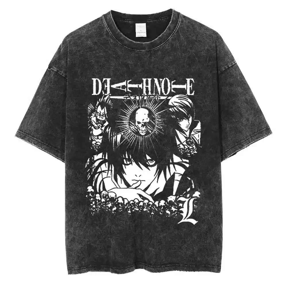 

2025 Cotton Wash Printing BANDAI Japanese Anime Death No Te Washed Black Cotton T-Shirt Misa Lawliet Black Summer Streetwear