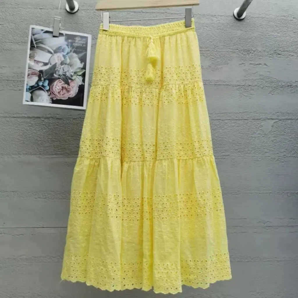 

Korean Heavy Lace Skirt for Women Spring Summer A-Line Mid-Length Waist Stitching Hook Pattern Fairy Large Swing Skirt