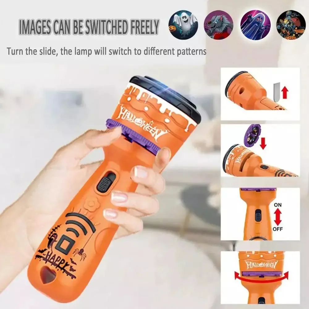 Funny Halloween Flashlight Projector With 24 Patterns Pumpkin Ghost Glowing Projector Flashlight Toy Interactive Night Light