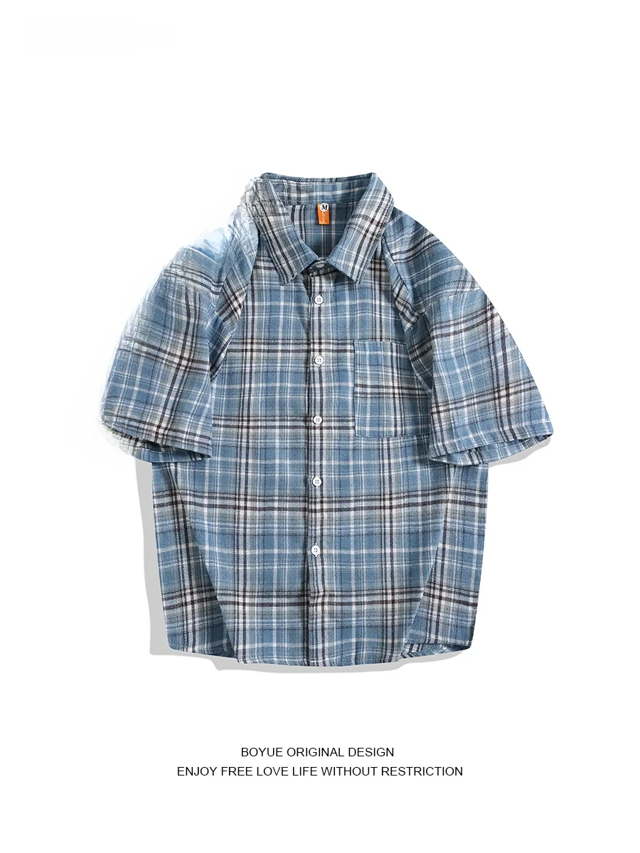 

Boyue Summer Casual Plaid ort Sve Contrast Color Youthful School Campus Men's irt for Couples Loose Fit Five Button