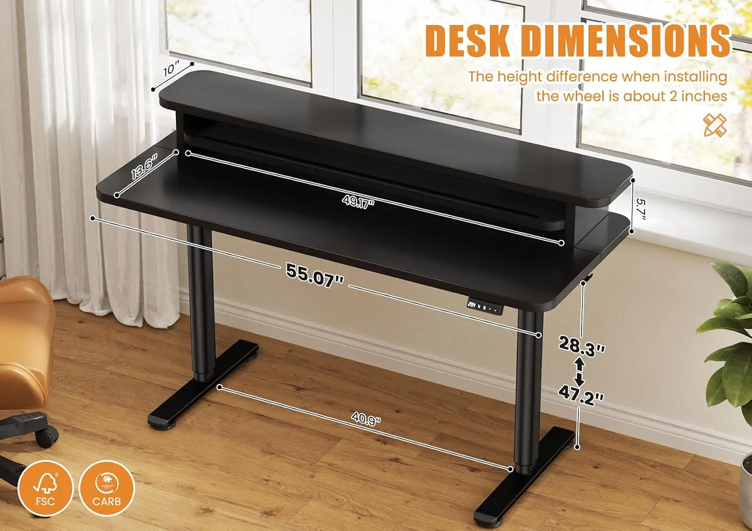 Electric Standing Desk Height Adjustable Memory Controller Casters Hooks Home Office 55x24