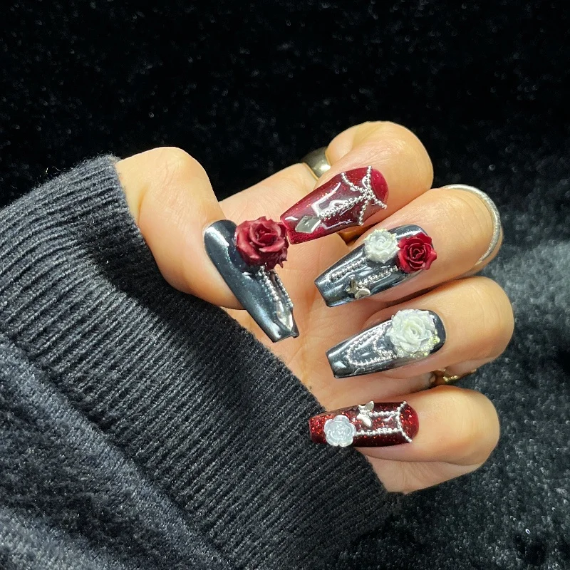 

10PCS 3D Glitter Press on Nails Long Coffin Pink Floral Sparkle Design Cute False Nails for Women Girls Fashion Garden Nail Art