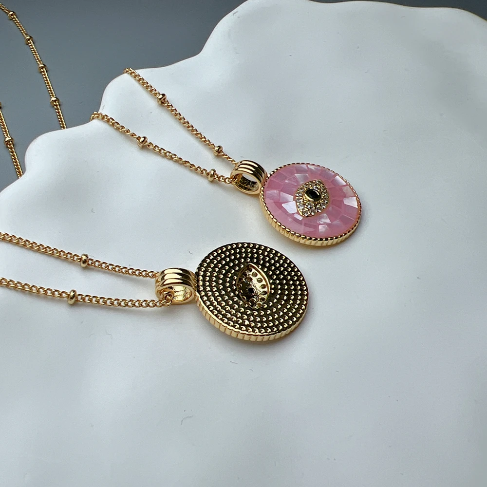 Trendy Round Pink Sea Shell Crystal Zircon Evil Eye Necklace Women PVD 18k Gold Plated Pendant Neck Jewelry