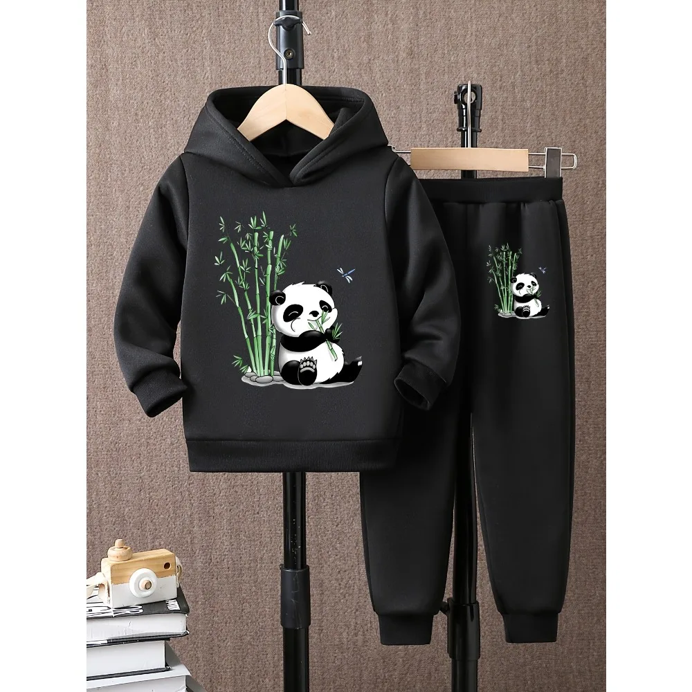 A Two-Piece Set for Boys Featuring a Stylish Cartoon Panda Print Designed for Autumn It Includes a Warm Thick Hooded Sweatshirt
