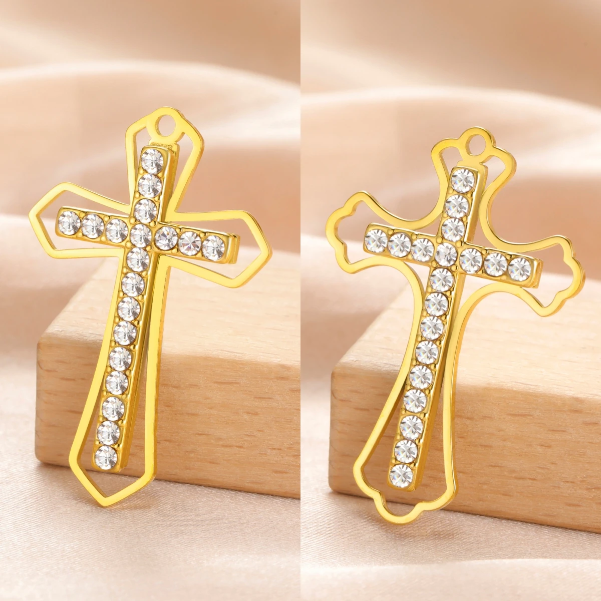 Fashion Stainless Steel Clear Zircon Crucifix Jesus Cross Pendant Christian Charms For DIY Earring Religious Jewelry Accessories