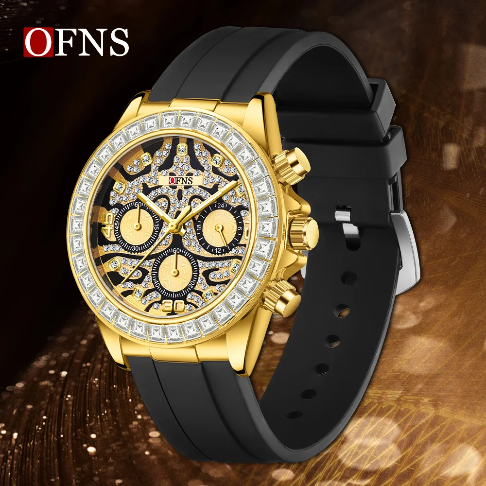 OFNS 7111 Fashion Trendy Men's Three Eye Six Pin Quartz Watch Tiger Pattern Waterproof Night Light Men's Quartz Watch