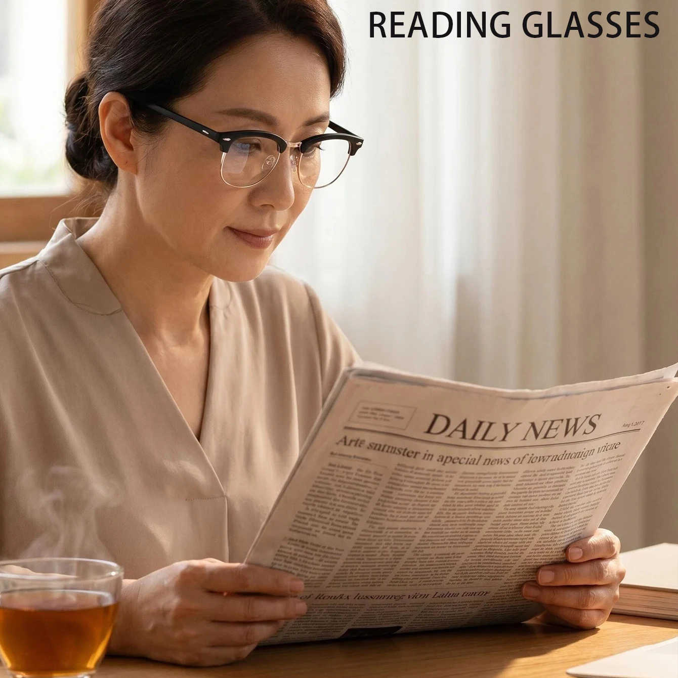 Unisex Photochromic Reading Glasses, Metal Frame Presbyopic Glasses for Middle‑Aged Elderly, Reading books and newspapers