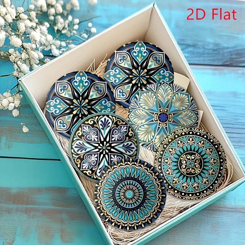 Sous-verres ronds en bois style Mandalay 2D de 4 pouces, lot de 6, motif floral exquis, pour table à manger, terrasse, fête, décoration, protège la surface de la table