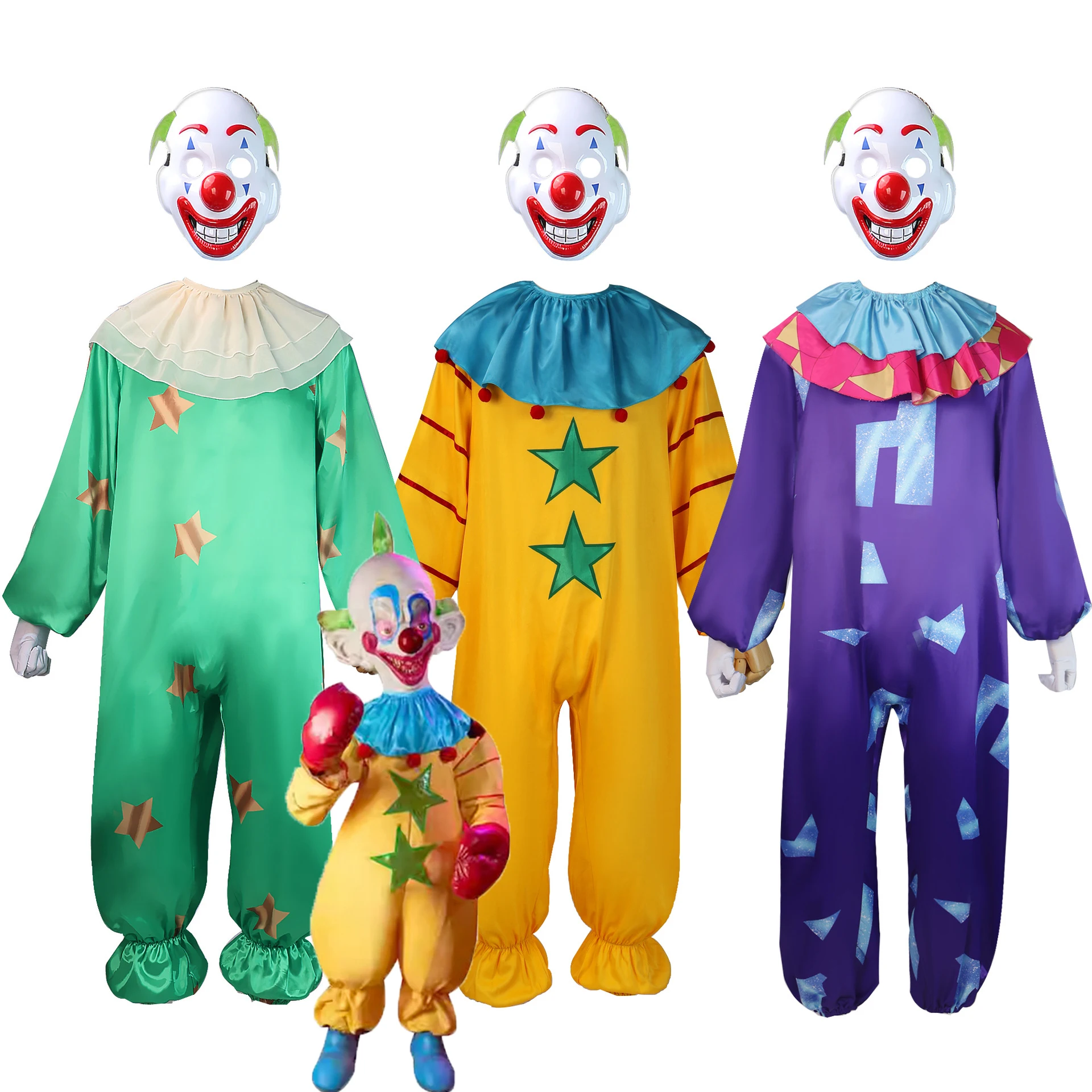 Palhaço Engraçado Cosplay para Homens e Mulheres, Roupas de Festa Halloween, Macacões, Máscara, Luvas, Roupa para Performance de Palco, Palhaço de Circo