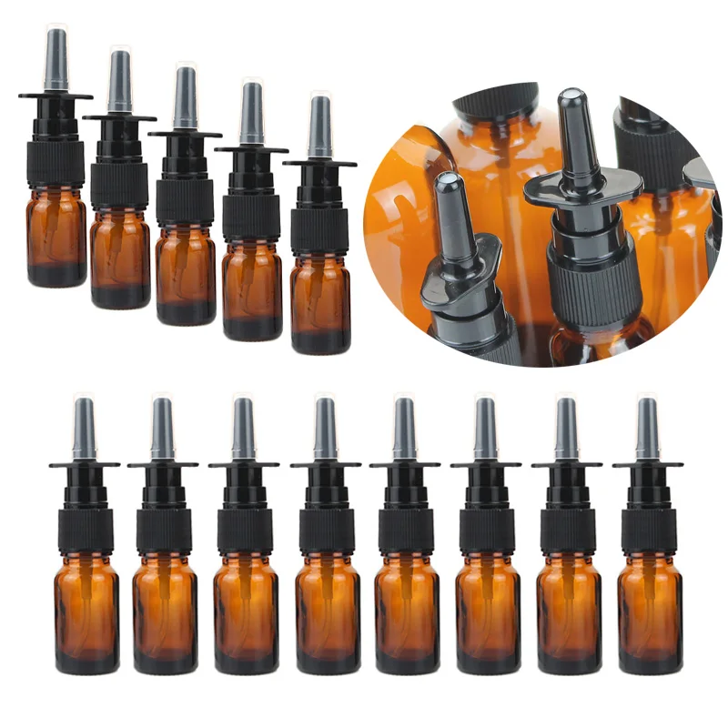 8/15/24pcs 5ml 10ml Amber Nasal Spray Bottle Glass with Fine Nose Mist Sprayer Press Spray Head Empty Refillable Glass Bottles