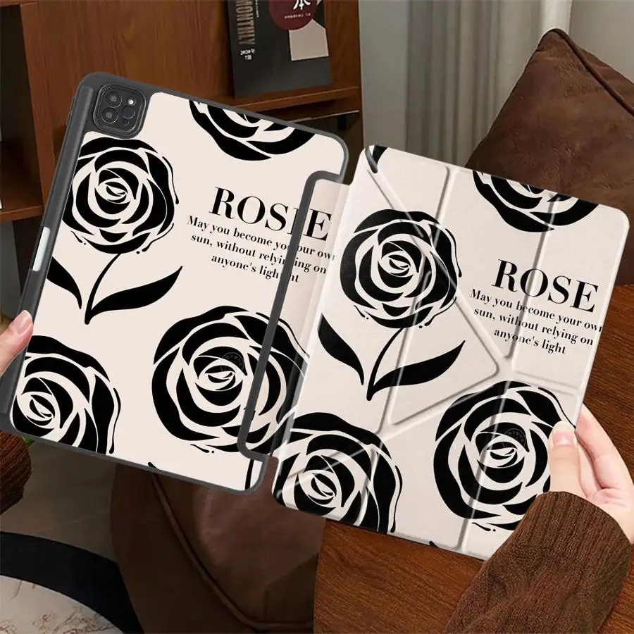 

Black Rose Lines Holder Cover Tablet Case For iPad Air 4 5 M3 M2 M4 11inch Pro 2025 Pro 11th 10th 9th 8th 7th 12.9inch Mini 6 7