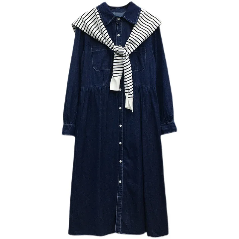 Pregnant Women Blue Denim Dress +Striped Cape Spring Autumn Pregnancy Plus Size Clothes Women Loose Long Dress Fashion Shawls