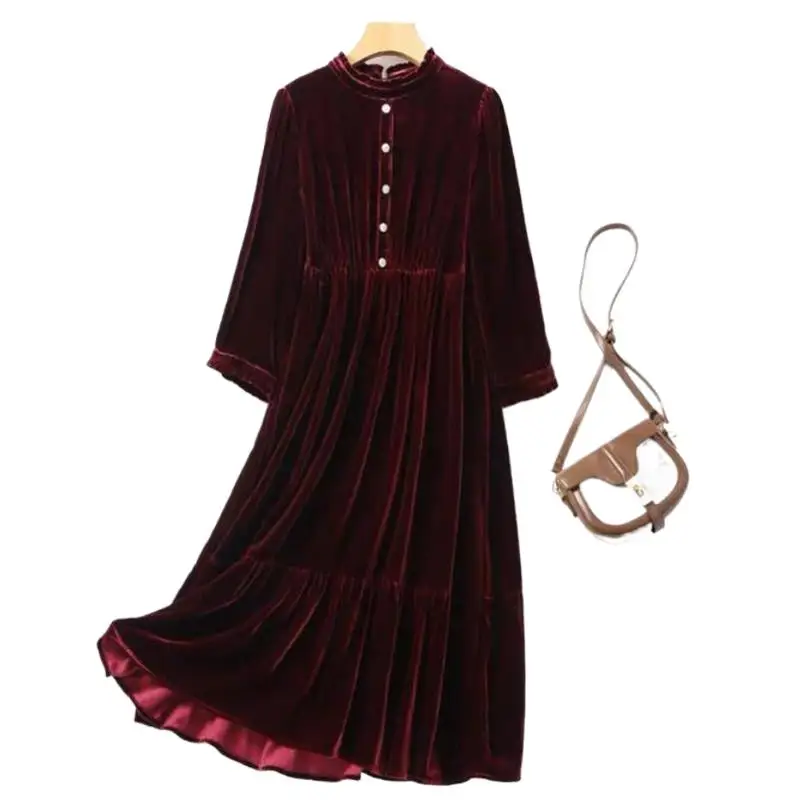 England style women elegant velvet Button dress office lady Ruffle velour dress,Spring Autunm party dresses prom Vestidos robe