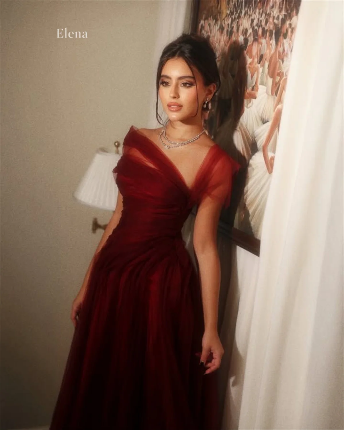 Elena Tulle One-Shoulder Burgundy A-Line Elegant Evening Gown Silhouette Romantic Bodice Details Flowing Skirt Ruched Customized
