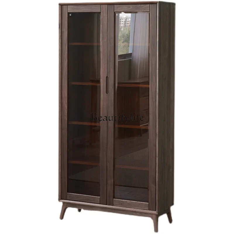 

FG11Nordic Solid Wood Bookcase with Door Floor Living Room Wall Black Walnut Wooden Cabinet