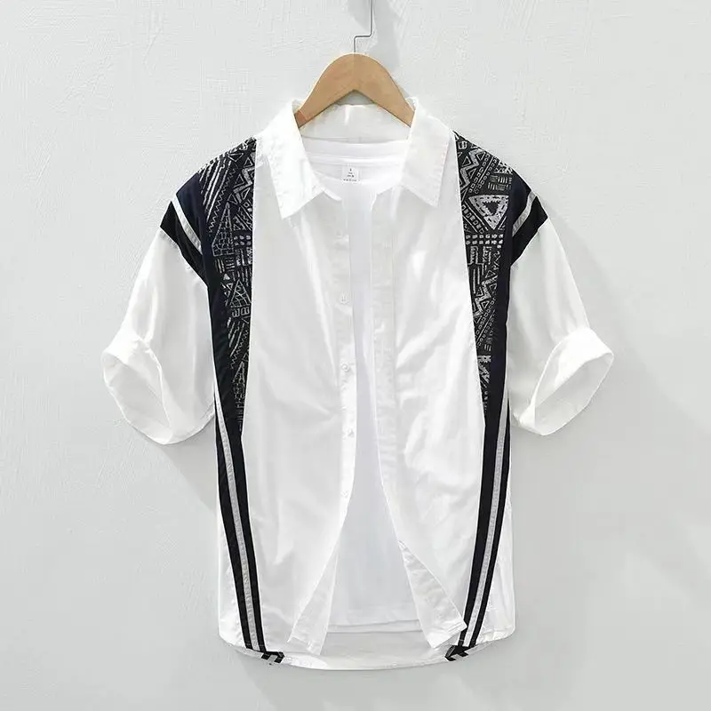 Men's Casual Short Sleeve Shirt with Geometric Print Turn Down Collar Cotton Lightweight Summer Wear for Daily Street Style