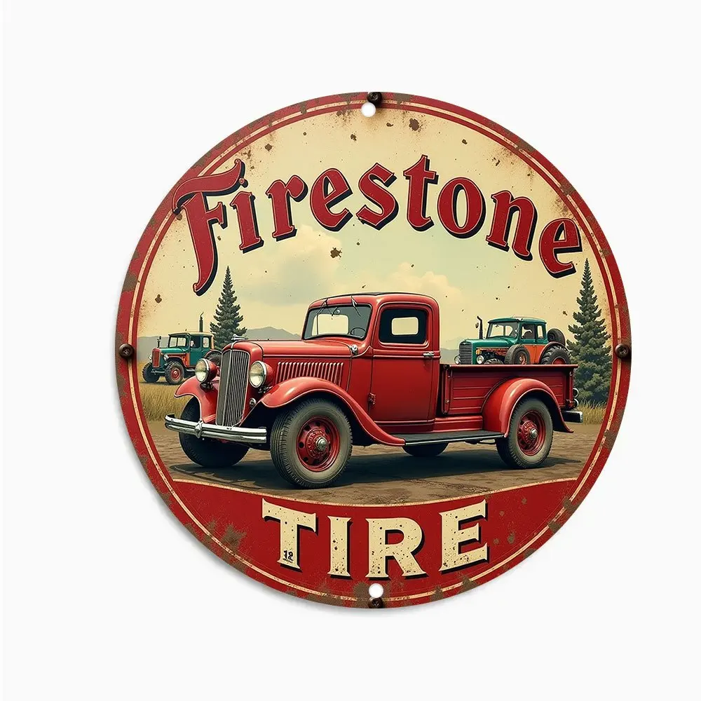 2D Flat Aluminum Farmhouse Rustic Firestone Tire Metal Sign 20x20cm Vintage Red Truck Tractor Home Bar Cafe Garage Room Decor