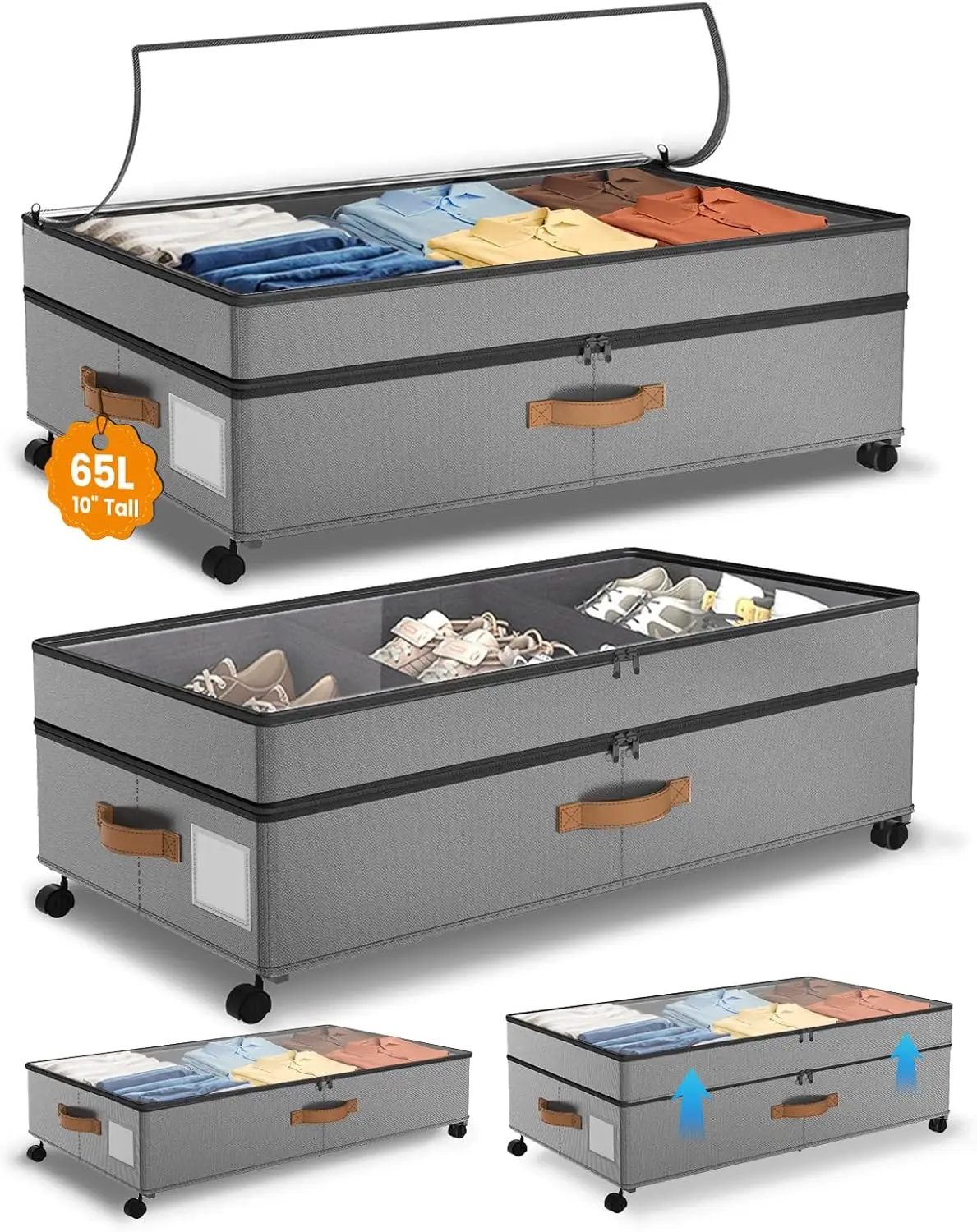 

10-дюймовый контейнер для хранения под кроватью на колесиках, 65 л, с регулируемыми отсеками для обуви, одежды, одеял, серый цвет