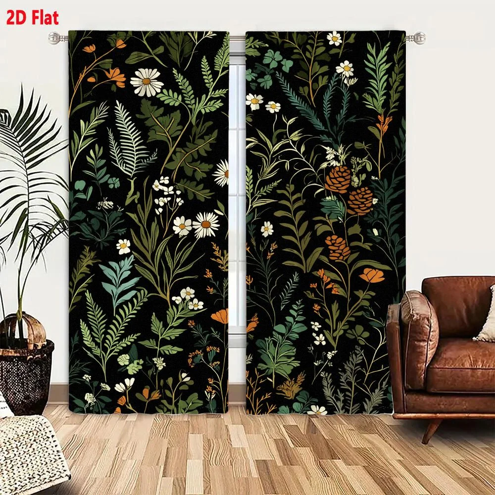 2Pcs Curtains 2D Flat Seamless Floral Pattern With White And Yellow Flowers Green Foliage Pinecones On Black Background Window D