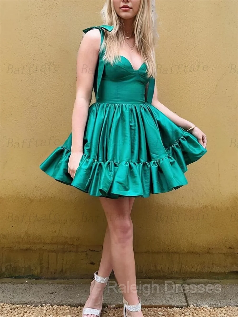 Bafftafe A Line Silk Satin Mini Prom Party Dresses Bow Straps Pleated Homecoming Gowns Women Formal Graduation Dress Customized