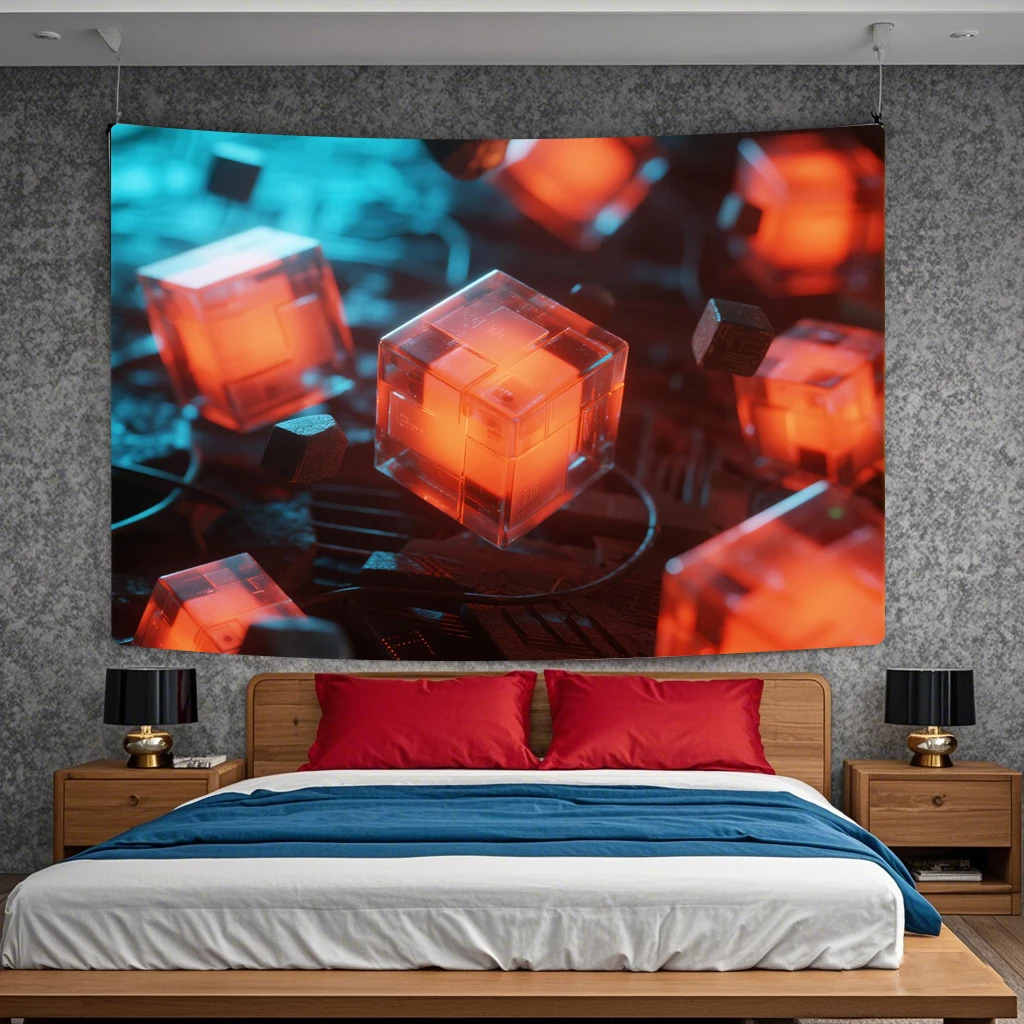 Custom Tapestry Print Anime Character Photo Floating 3D Geometric Cubes Cyberpunk Style Personalized Tapestry Room Decoration