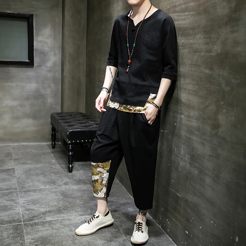 Summer Chinese Style Plus Size Patchwork Crane Print Suit Male Harajuku T-Shirts Oversized Cropped Trousers Men Clothing